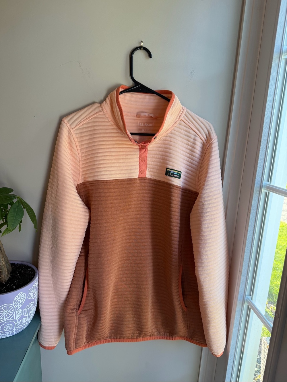 L.L. Bean Peach and Rust Quilted Quarter-Snap Fleece Pullover